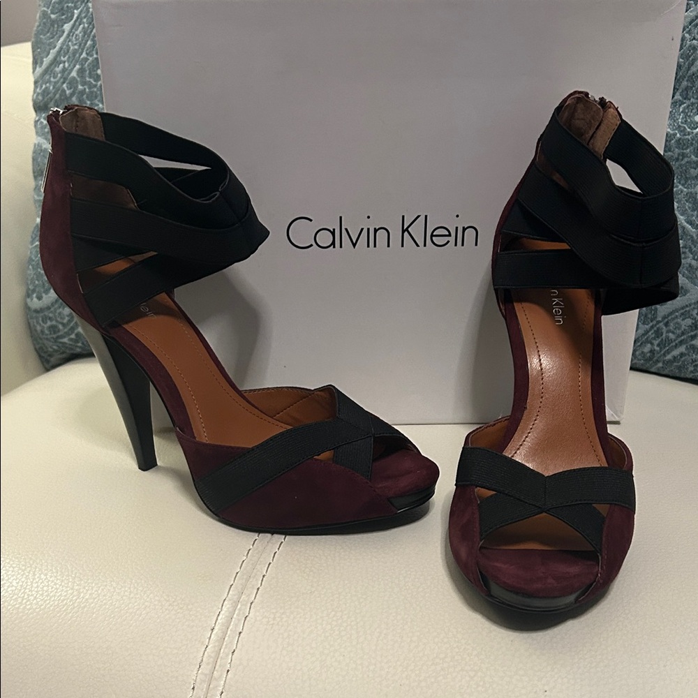 2. Calvin Klein Black and Burgundy Strappy Heels